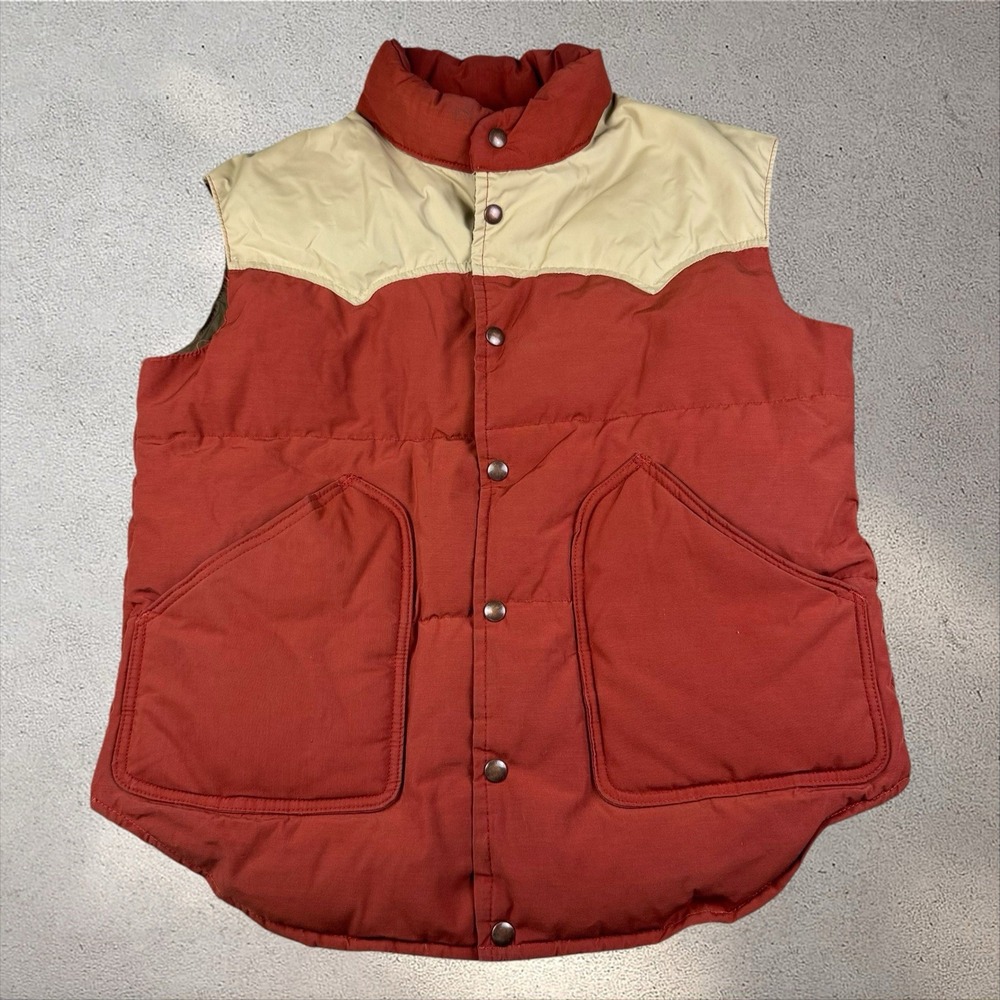 VTG 70s William Barry Goose Down Puffer Vest Medium Red Western Yoke Snap USA